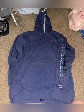 Champion Navy Pullover Hoodie with Sleeve Script
